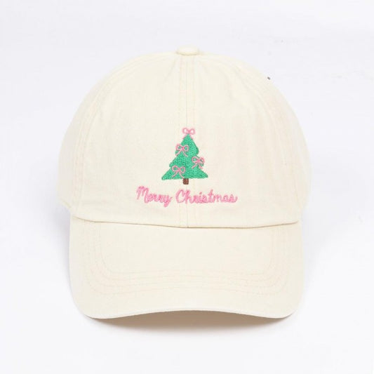 'Merry Christmas' Bow Christmas Tree Embroidered Baseball Cap Beige