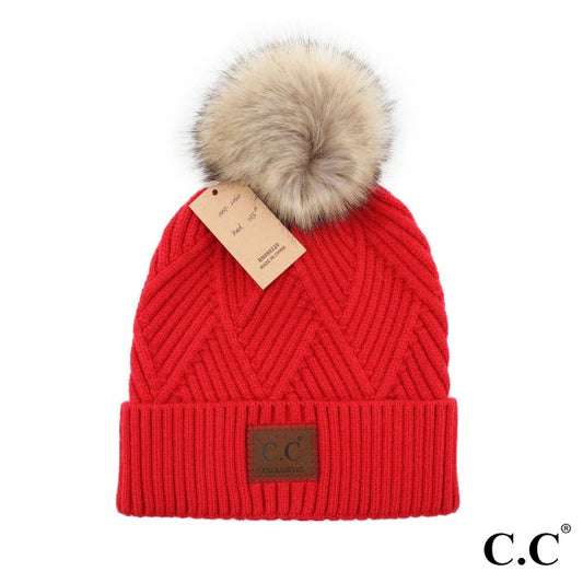 Red CC Diagonal Stripe Knit Pattern Pom Beanie with C.C Brand Leather Patch Red