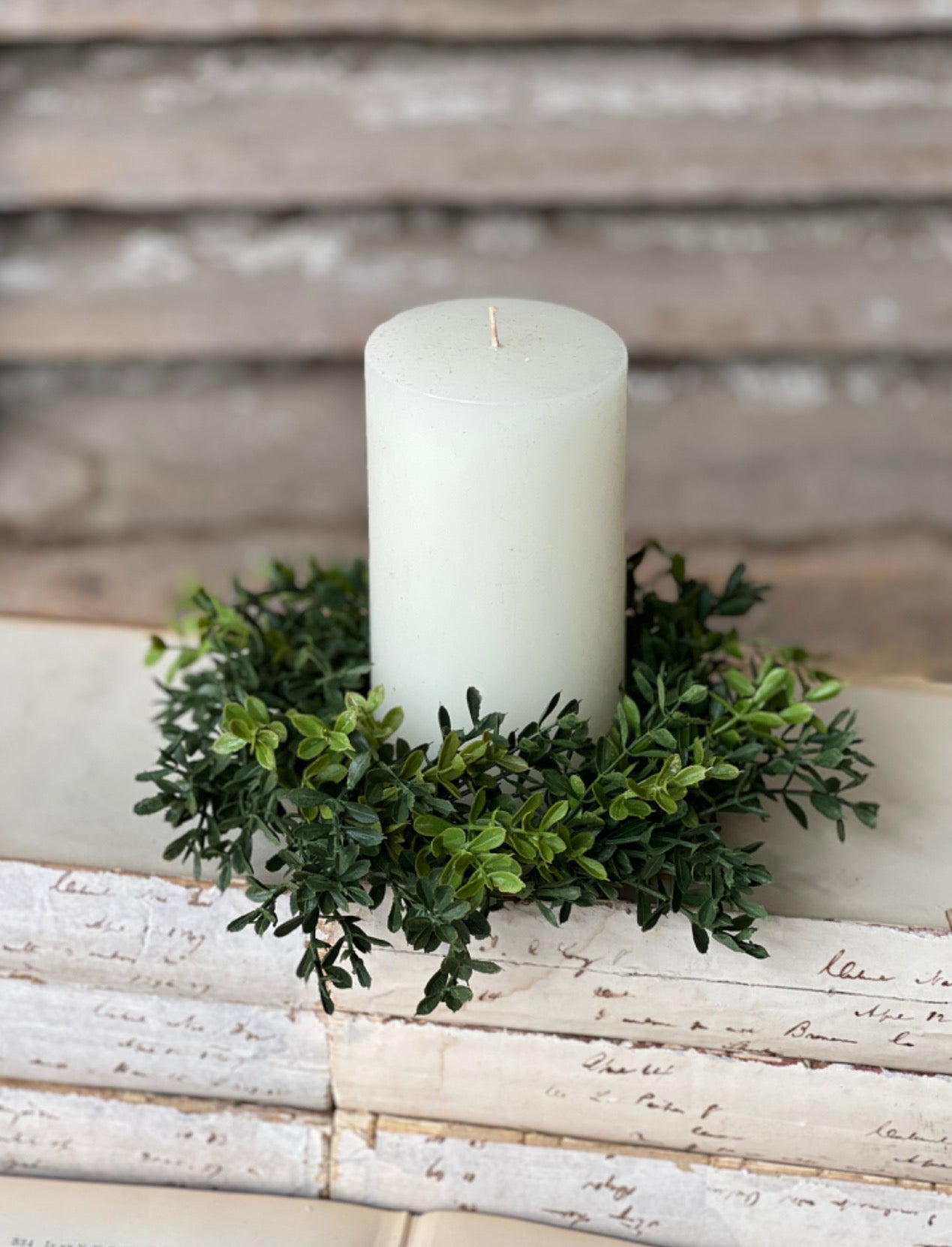 8" New England Boxwood Candle Ring - The Mustard Seed Collection, The Seed