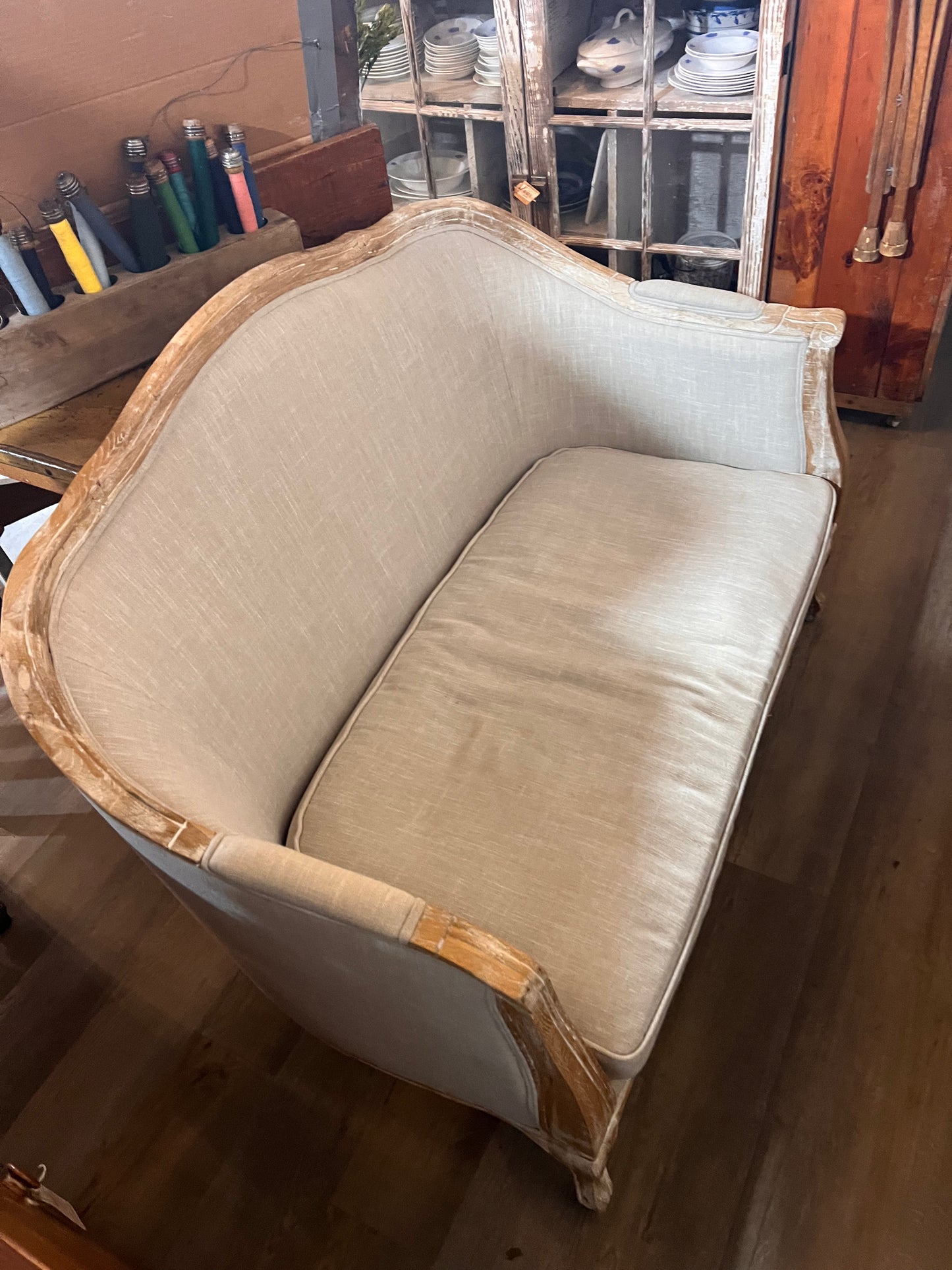 White Distressed Upholstered Settee