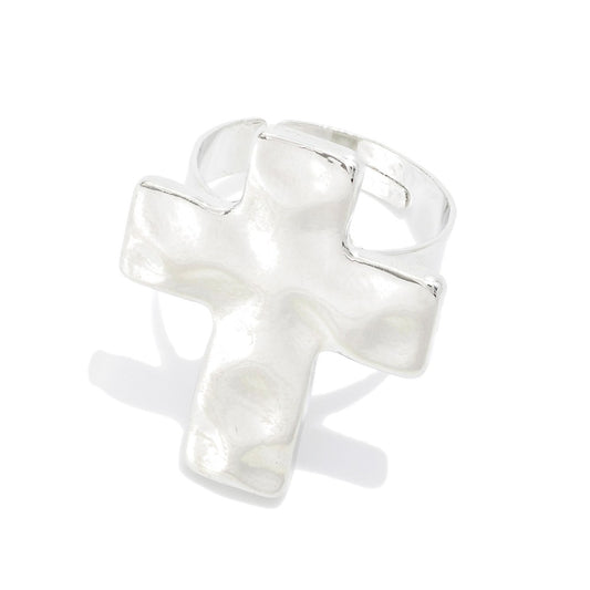 Hammered Metal Cross Ring Silver