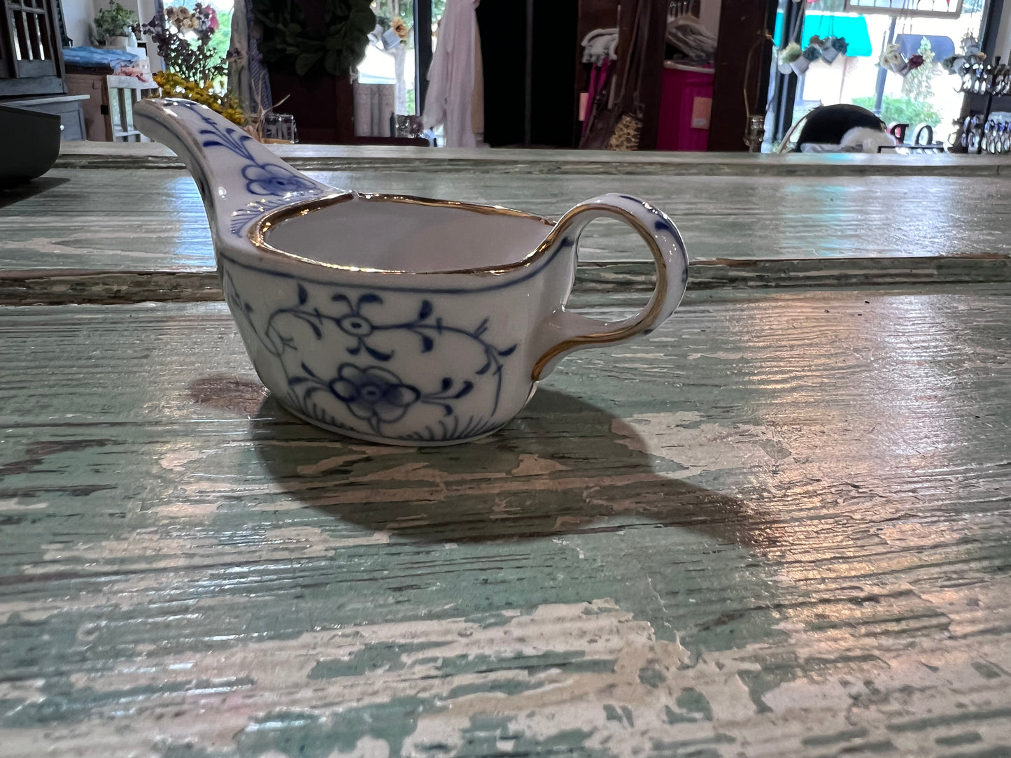 Antique Baby Invalid Feeder Cup Gold Rimmed Blue Florals Porcelain Made in Germany WT&O