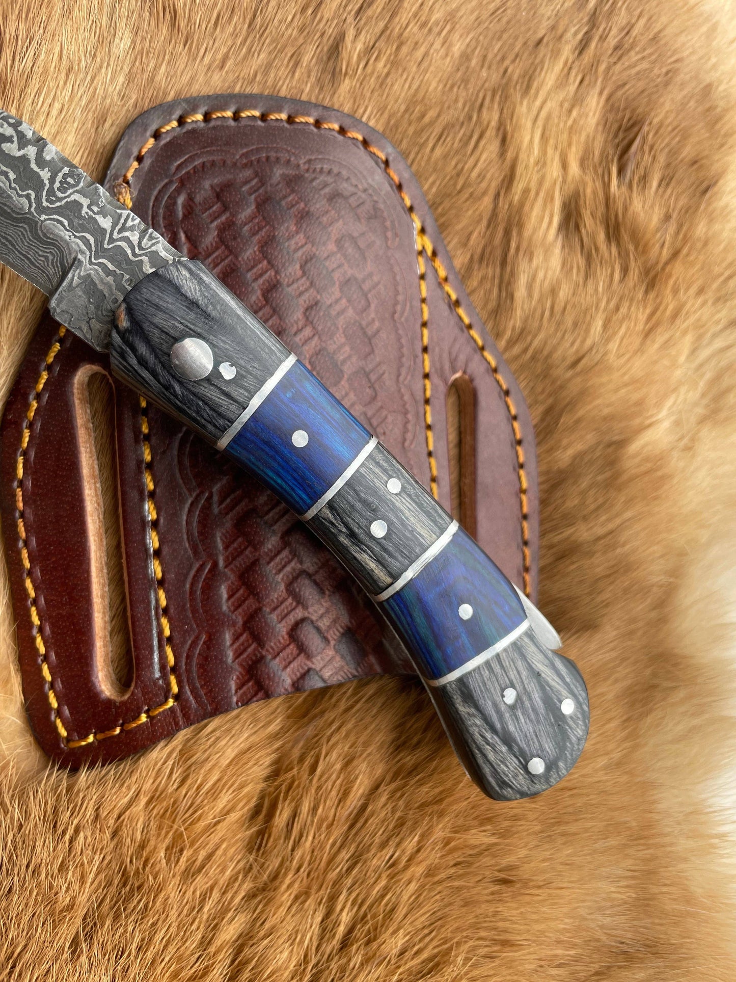 POCKET KNIFE Grey and Blue WOOD 6.5'' DAMASCUS STEEL KNI