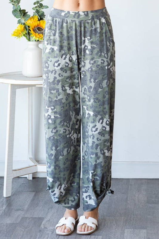 Leopard Camo Side Slit Ankle Tie Pants