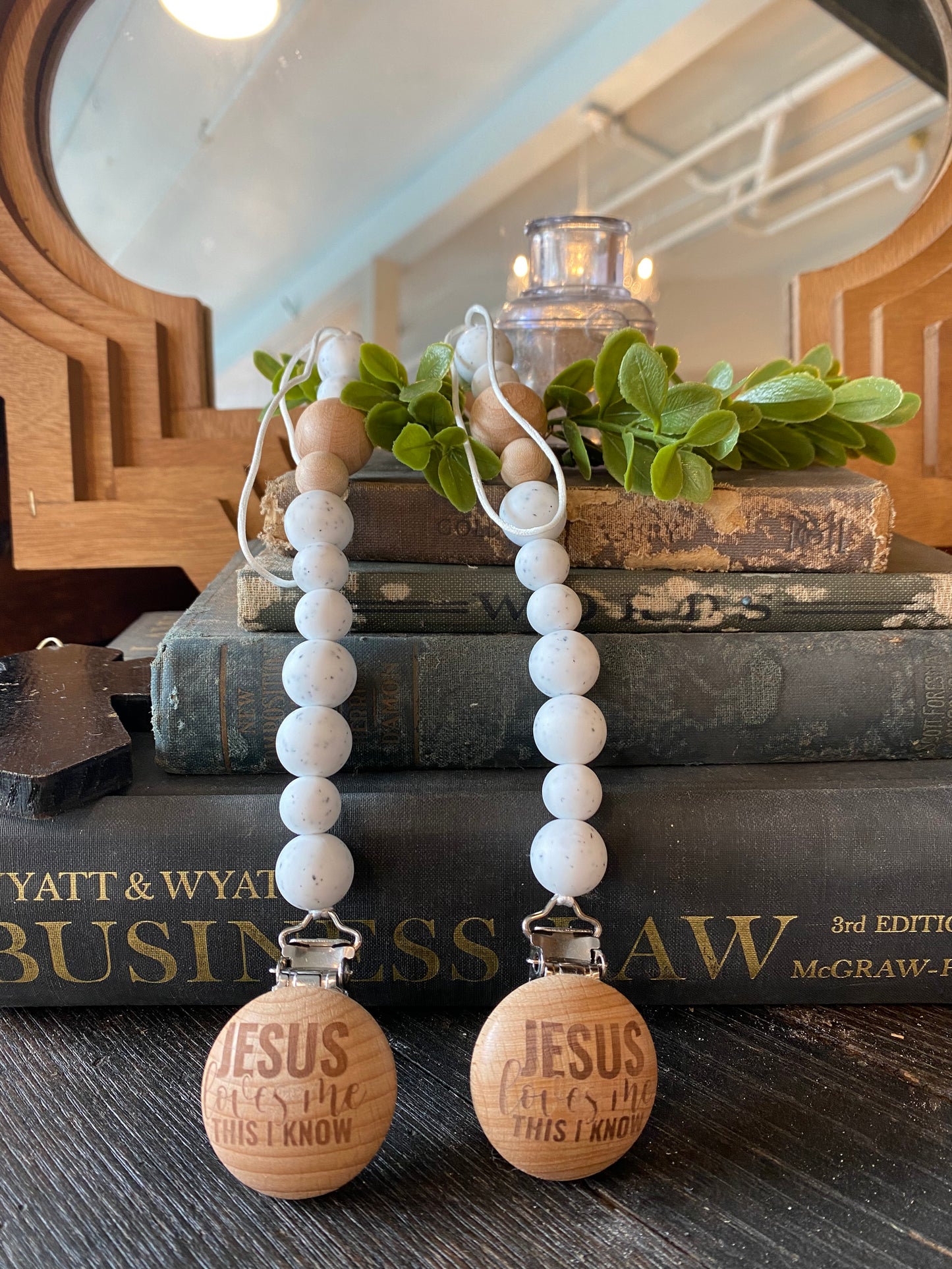 SVF Pacifier Silicone Clip On Tassel Teether Jesus Loves Me - Marble Grey Large