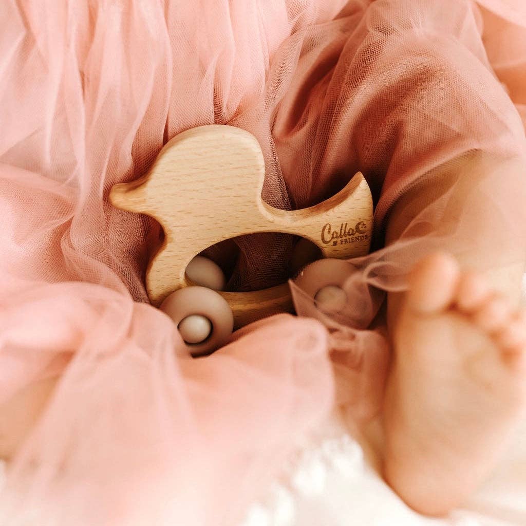 Duck Silicone & Beechwood Teether Toy: Petal Pink