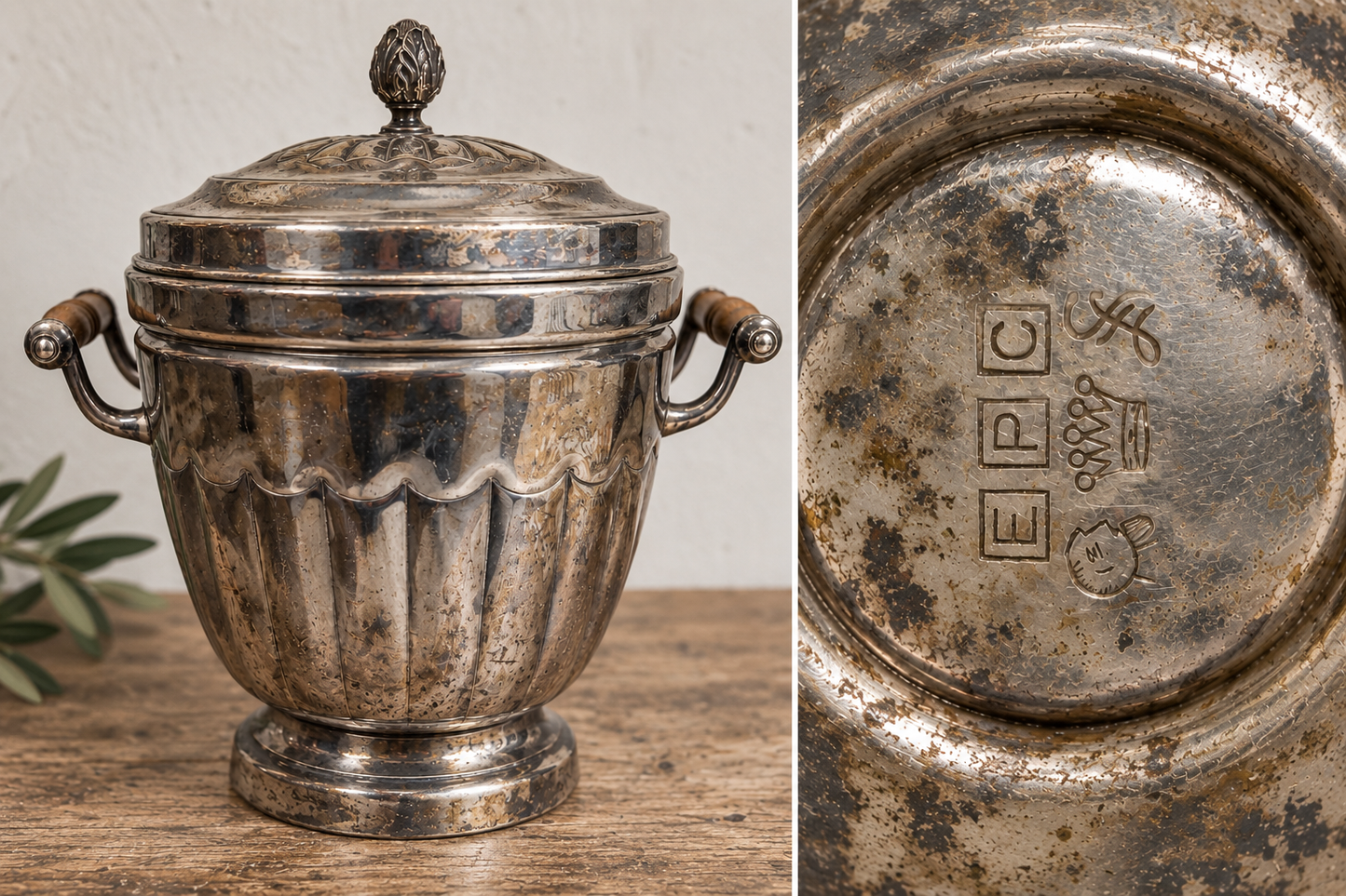 Vintage Silver Plate Covered Ice Bucket with Wooden Handles haven hospice