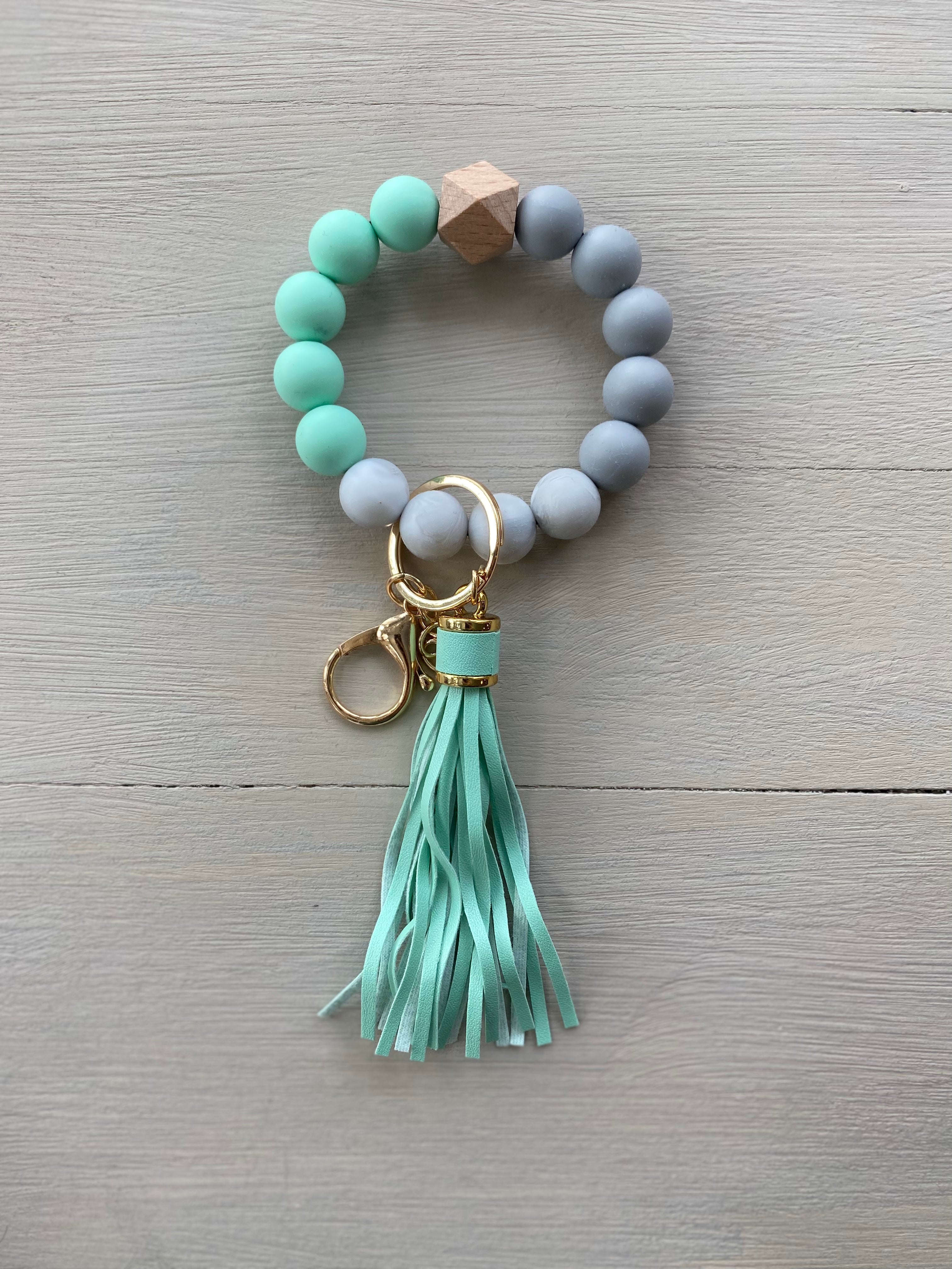 SVF Soft Mint and Grey Marble Silicone Wristlet Beaded Key Chain Bracelet with Tassel and Charm of choice! The Mustard Seed Collection, The Seed