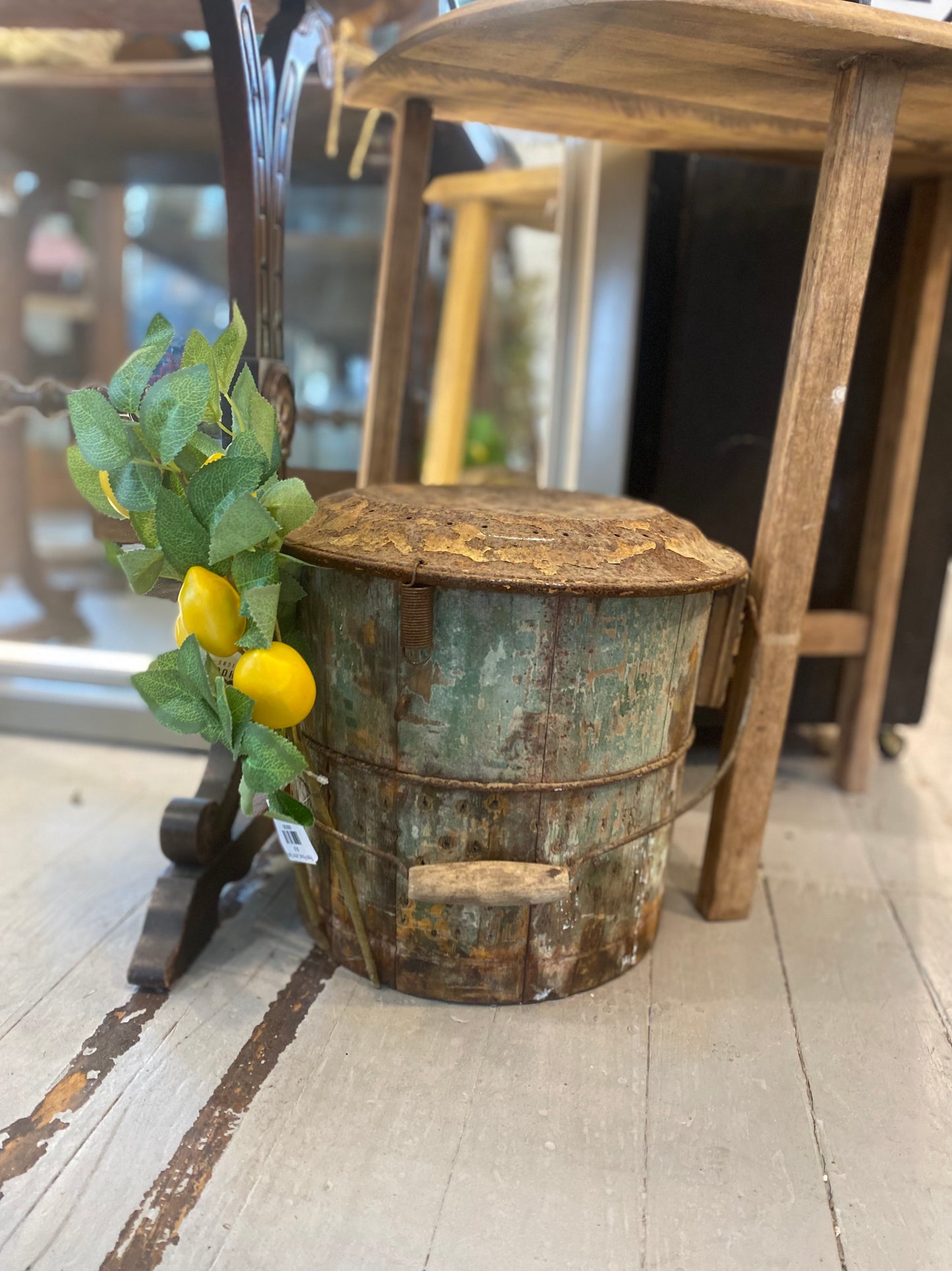 Antique Primitive Wooden Bait Bucket with Metal Lid