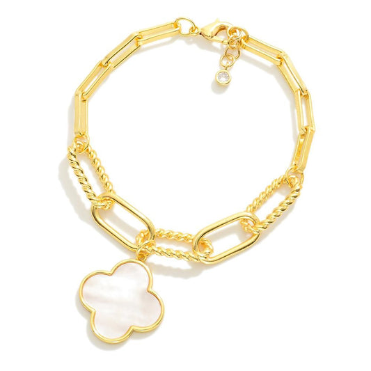 LGold Dipped Chain Link Bracelet Featuring Twisted Metal Links & Clover Charm