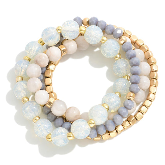 Set of Four Beaded Stretch Bracelet Featuring Crackled Crystal Bead