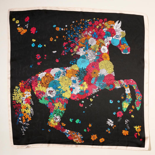 Floral Horse Print Scarf Bandana- Multi-Use: Scarf, Bandana Black Black