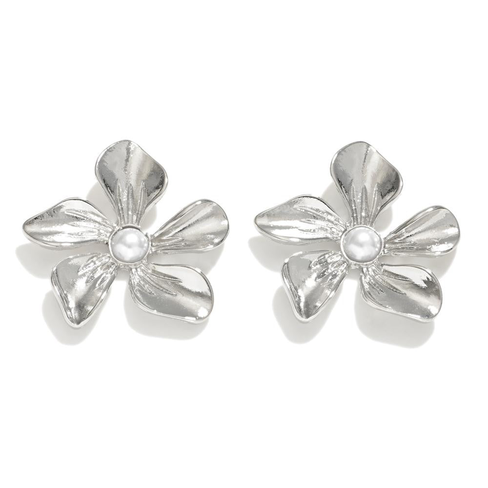 Metal Tone Flower Stud Earrings With Pearl Detail Silver