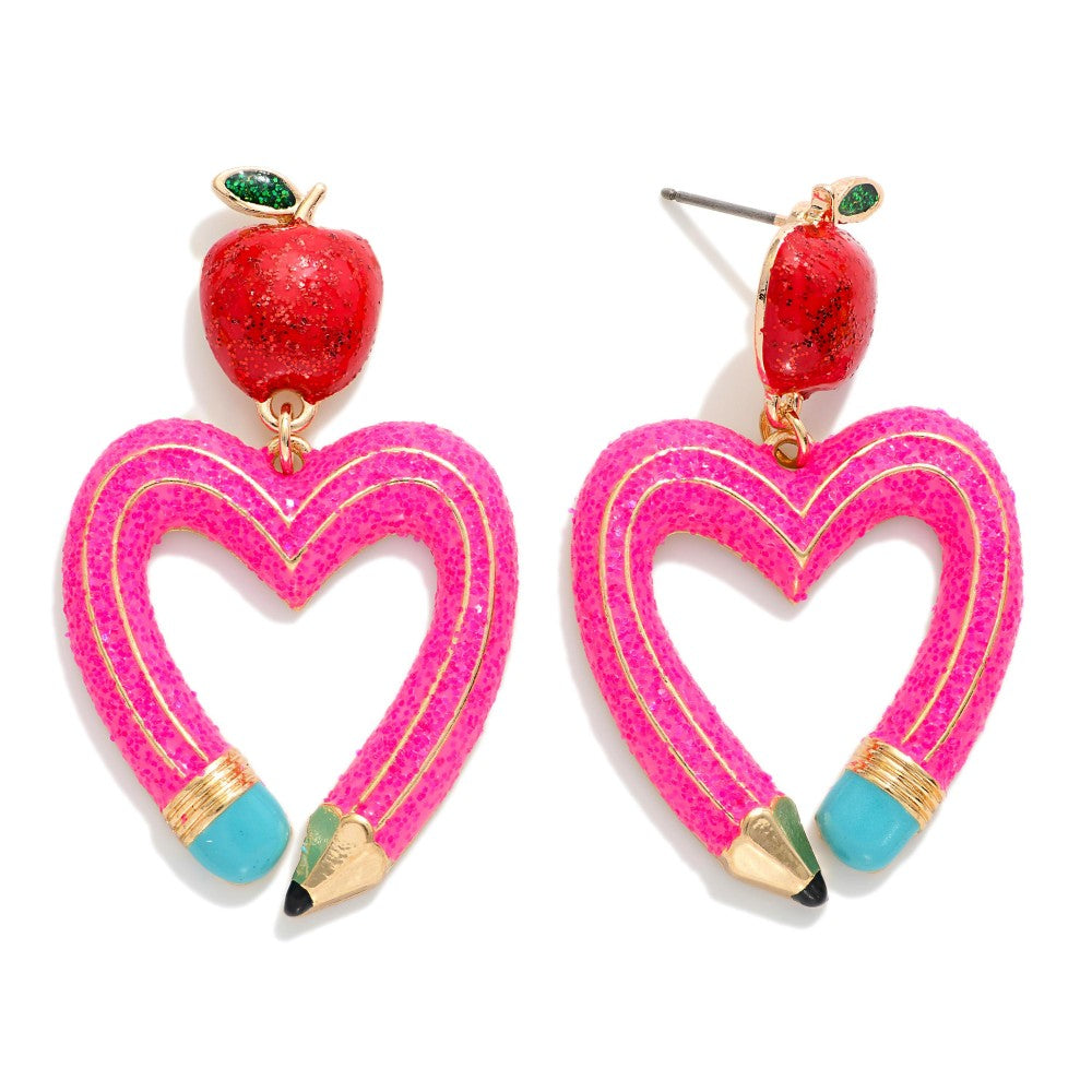 Pencil Heart Post Drop Earrings Featuring Apple Post Glitter Details Hot Pink
