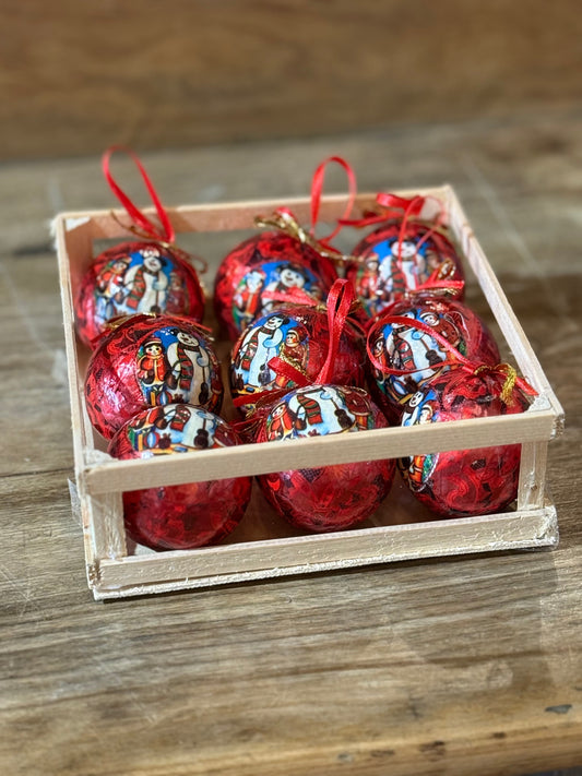 Set of 9 Vintage Red Foil Decoupage Ornaments