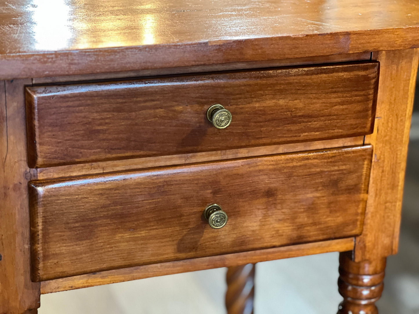 Antique Mahogany Double Drawer Side Table w/ Turned Legs