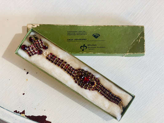 Vintage Ruby Red Rhinestone Bracelet with Clip Earrings