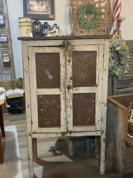 White Chippy Paint Pie Safe with Hammered Tin