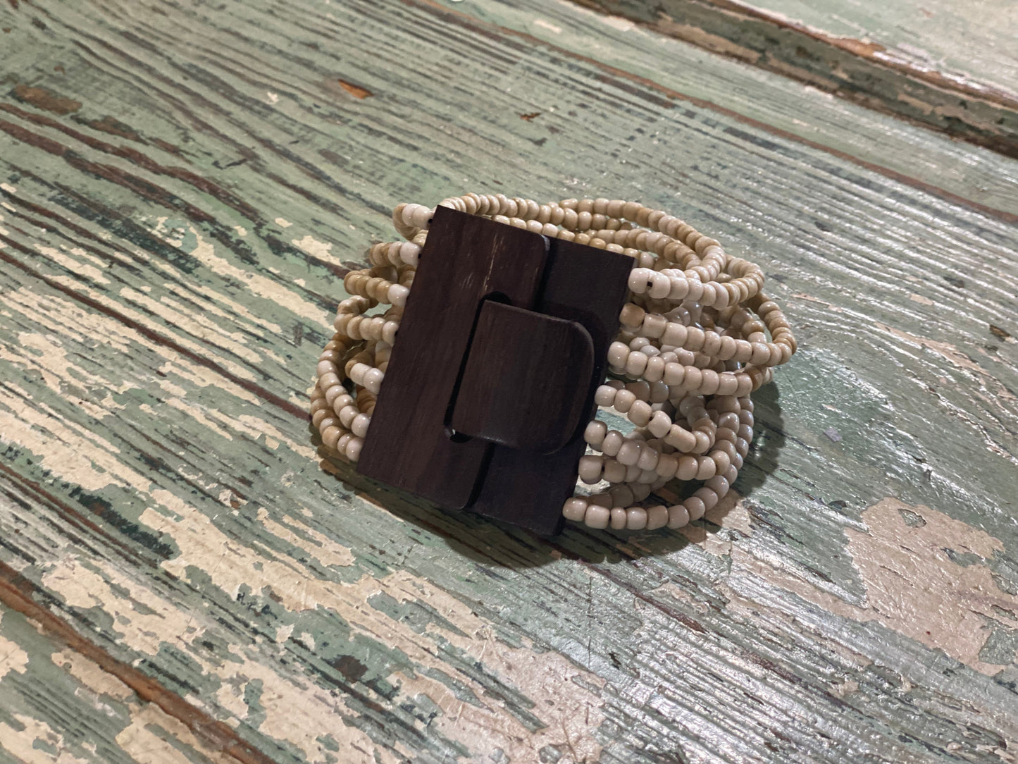 Beaded Strand Bracelet with Wood Clasp Tan