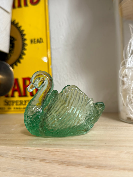 Swan Green Pressed Glass Salt Cellar or Toothpick Holder