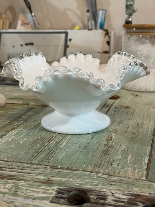 Fenton Silver Crest Ruffled Milk Glass Footed Bowl • Vintage Pedestal Dish