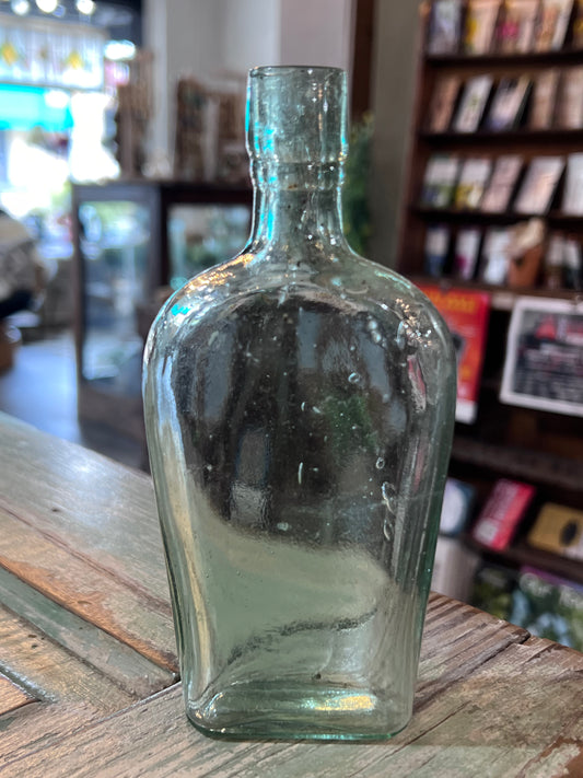 Green Glass Apothecary Bottle Flat Bellied High Crowned