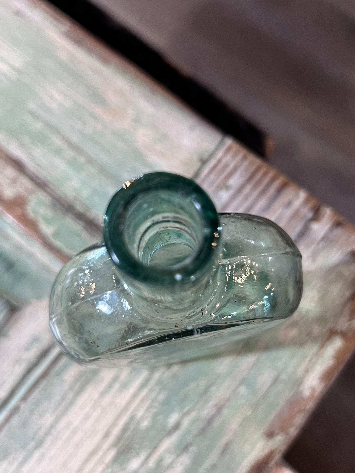 Green Glass Apothecary Bottle Flat Bellied High Crowned