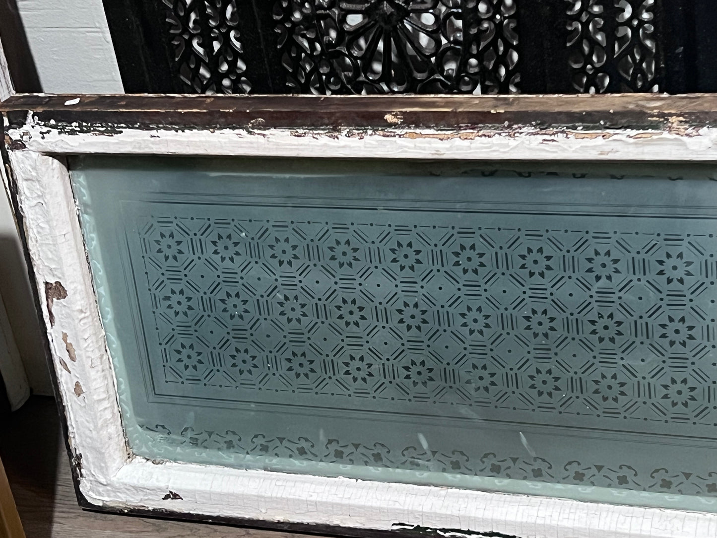 Antique White Etched Long Transom Window