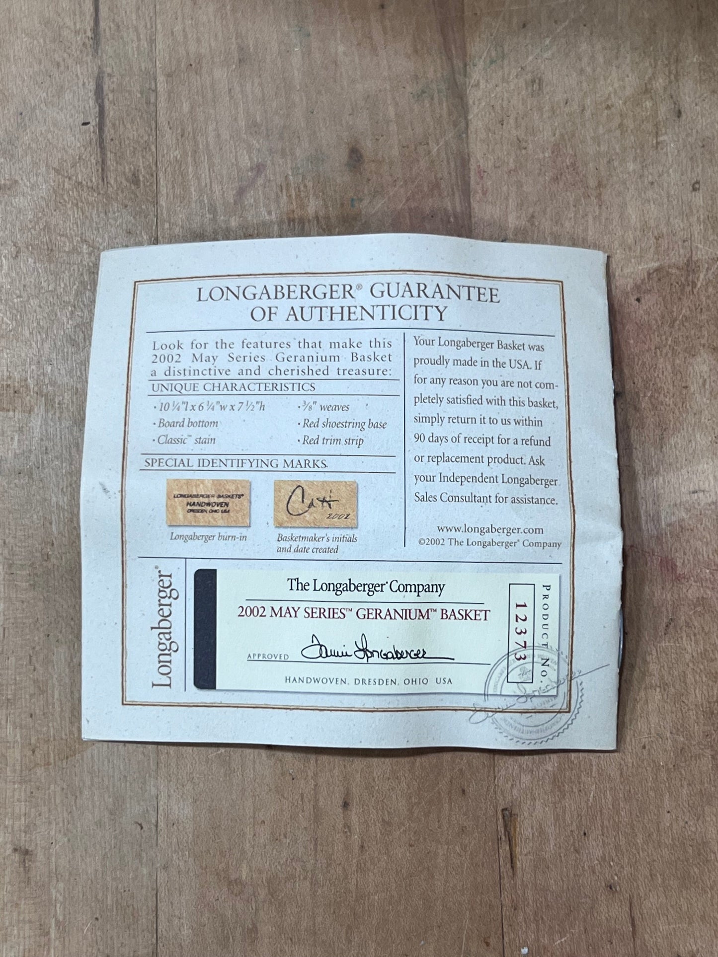 Longaberger 2002 May Series Geranium Basket with a Fabric & Plastic Liner