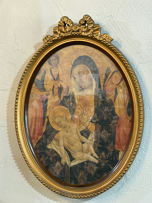 Antique Oval Framed Decoupage of the Virgin Mary