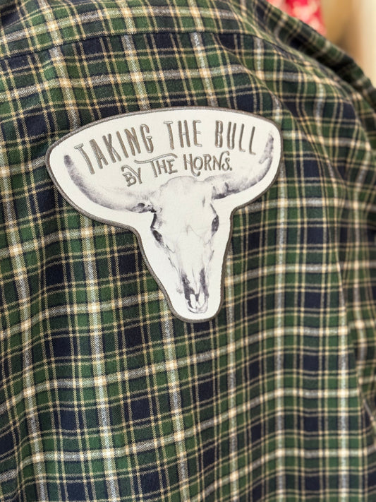 Upcycled Flannel Shirt XL Blue Green Tan “Taking the Bull by the Horn”