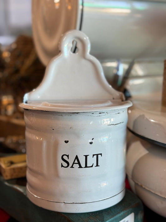 Vintage White Enamel Hanging Salt Box