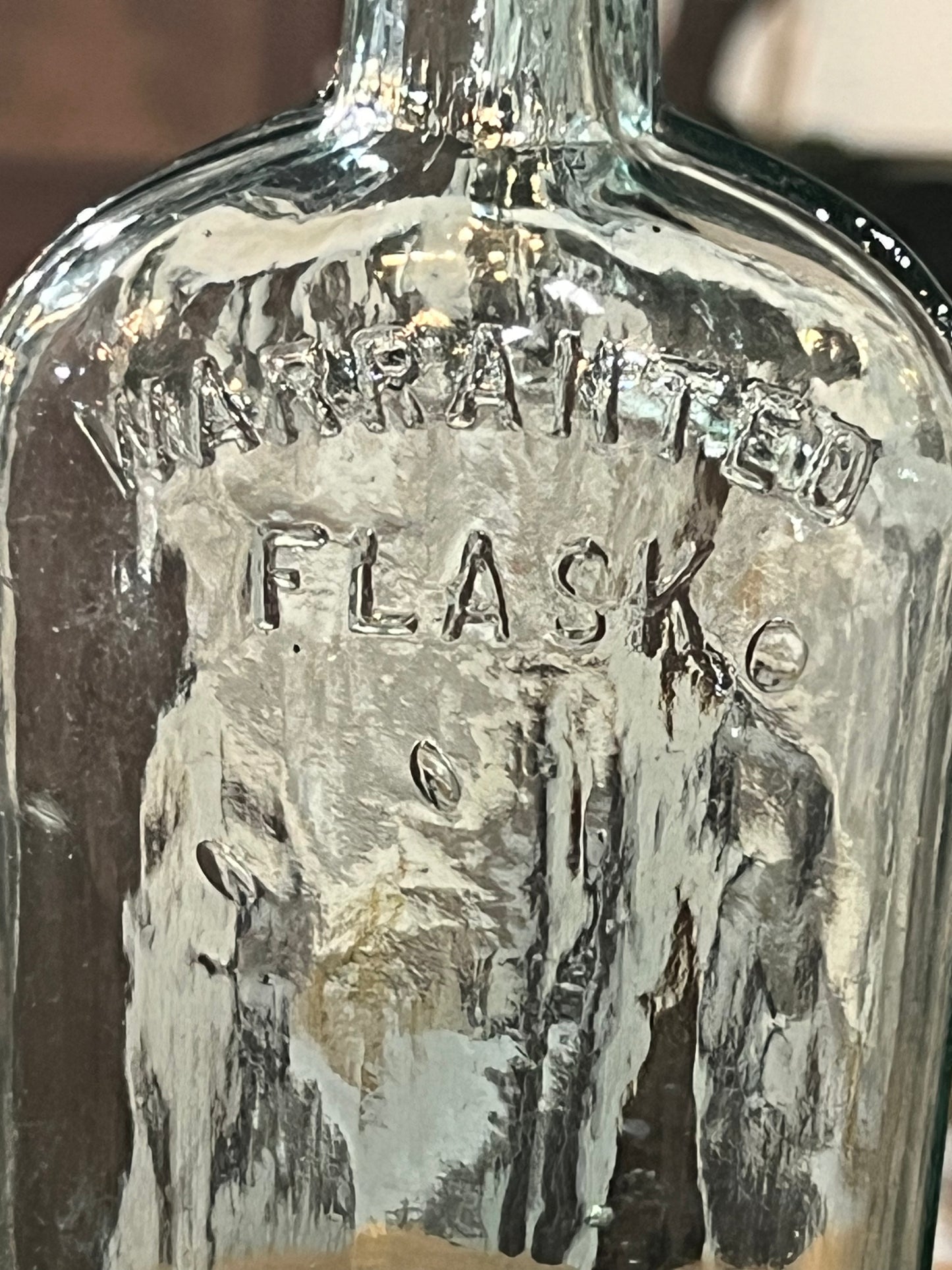 Antique Clear Green Glass Flask Bottle Warranted