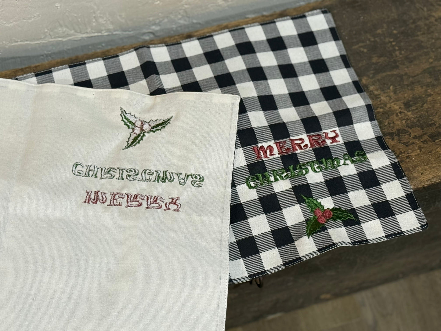 Pair of Black & White Checked Merry Christmas Placemats