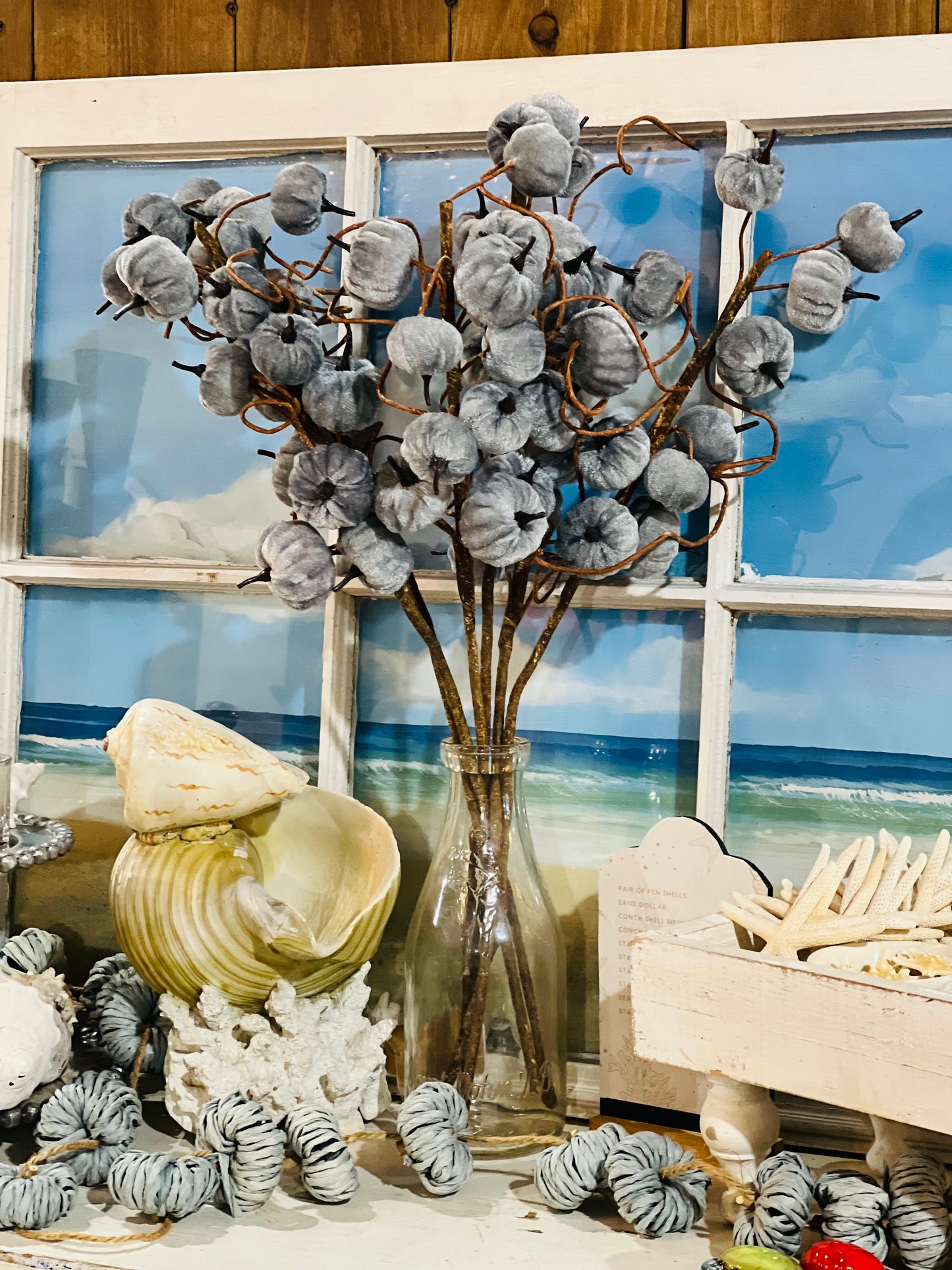 Faux Velvet Mini Pumpkin Floral Spray – Soft Slate Grey