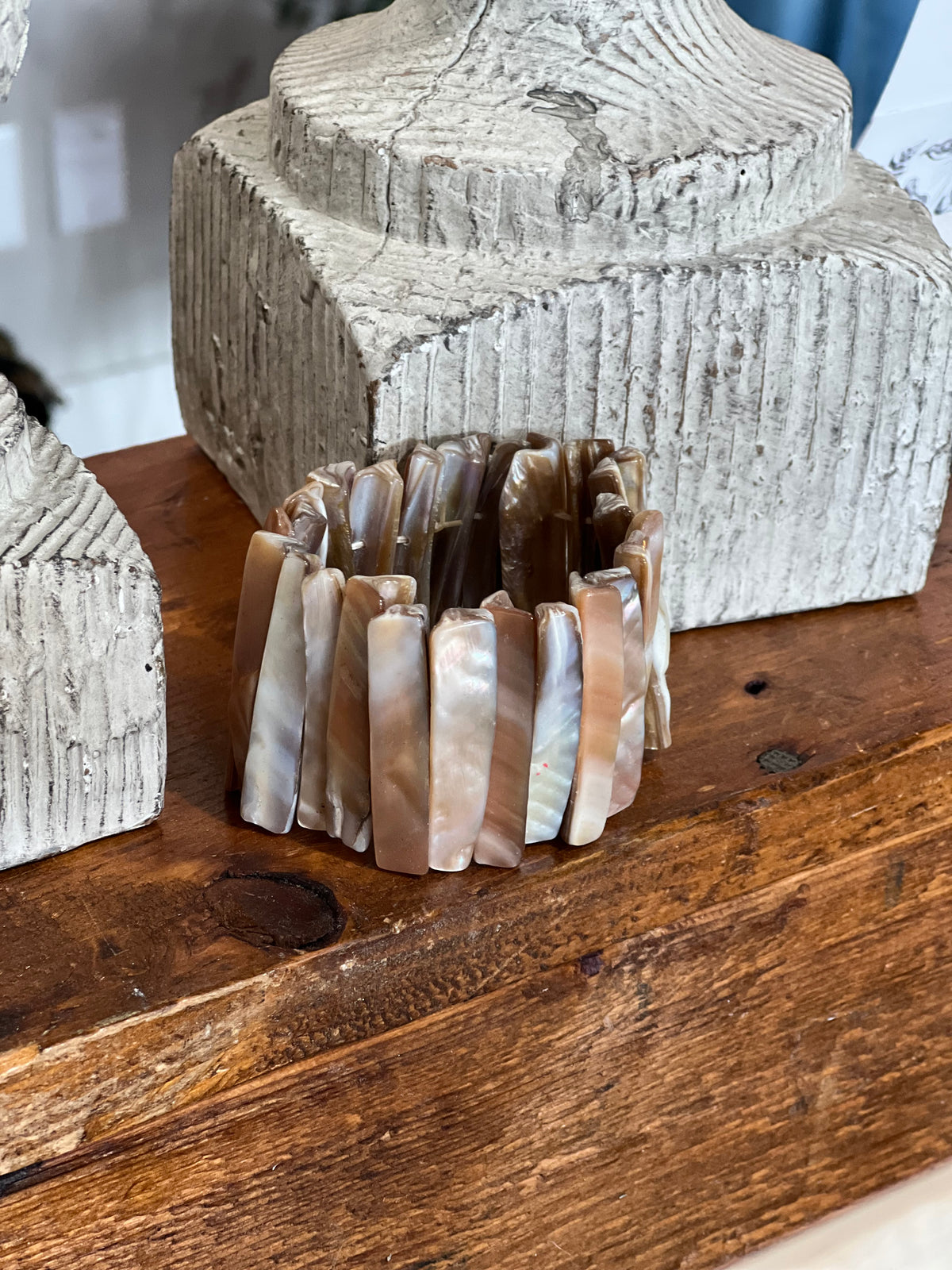 Natural Iridescent Mother of Pearl Shell Wide Stretch Cuff Bracelet