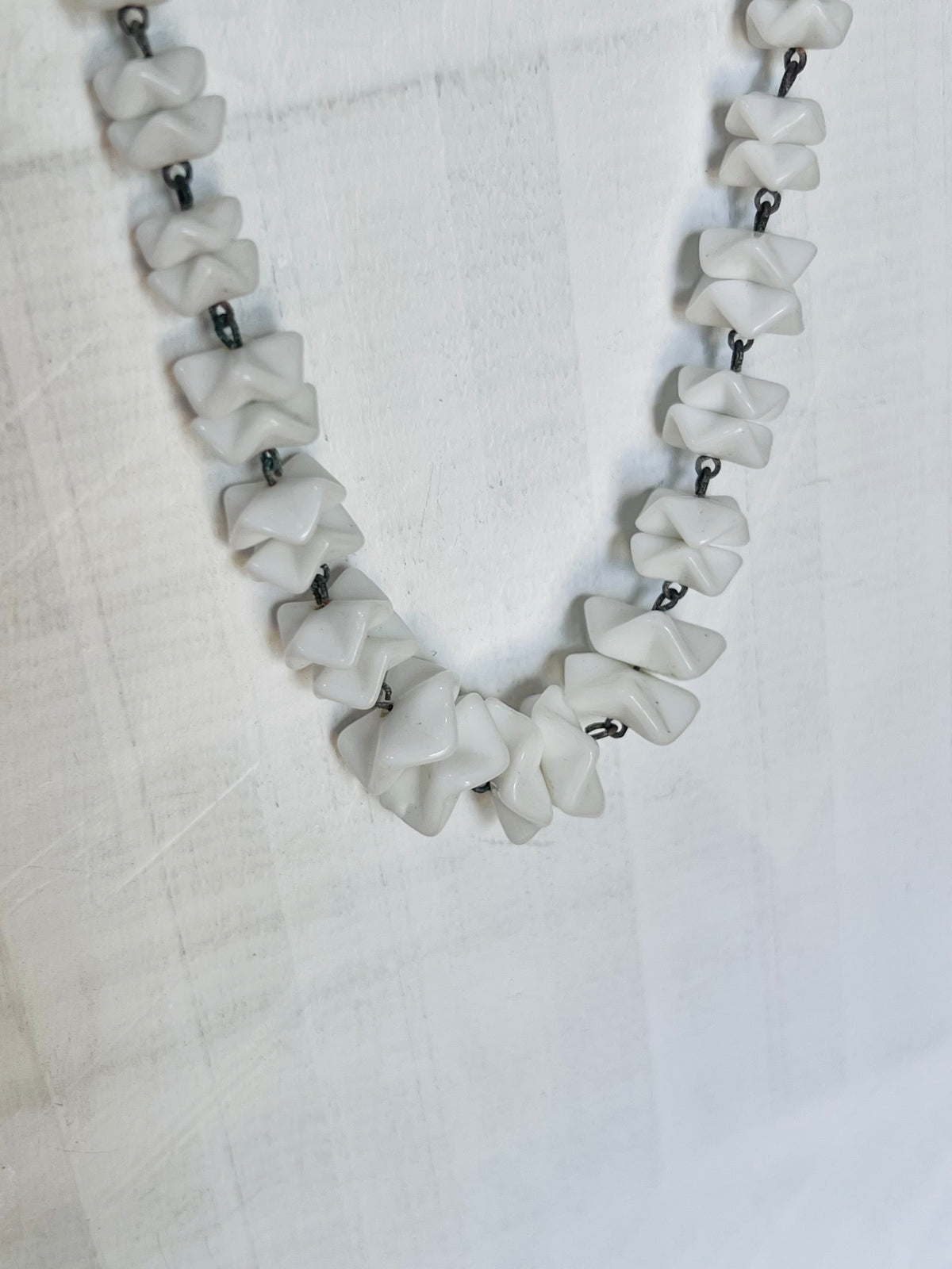 Vintage Mid-Century Signed Western Germany Sculpted Milk Glass X-Link Necklace