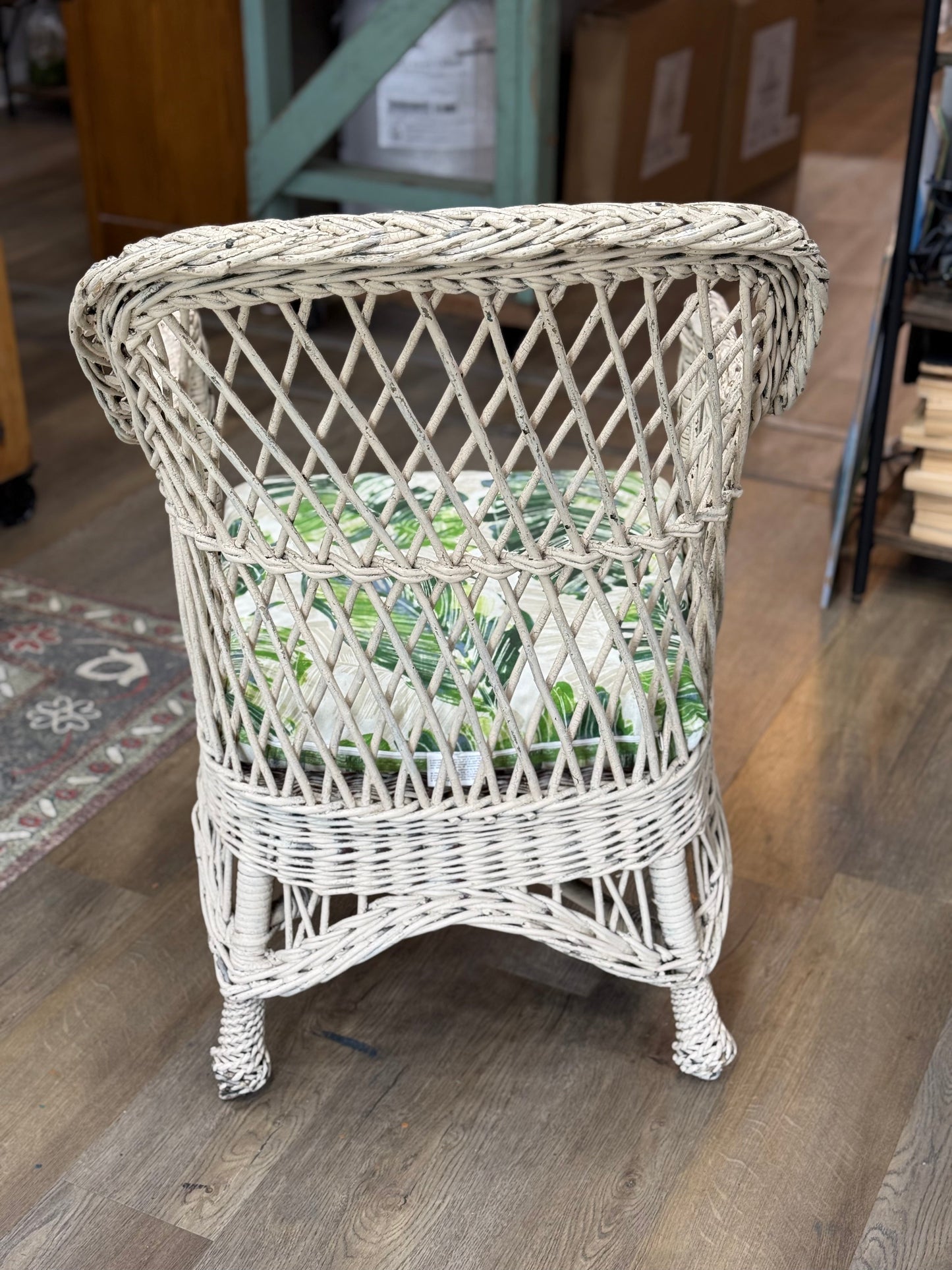 Vintage White Wicker Chair with Cushion