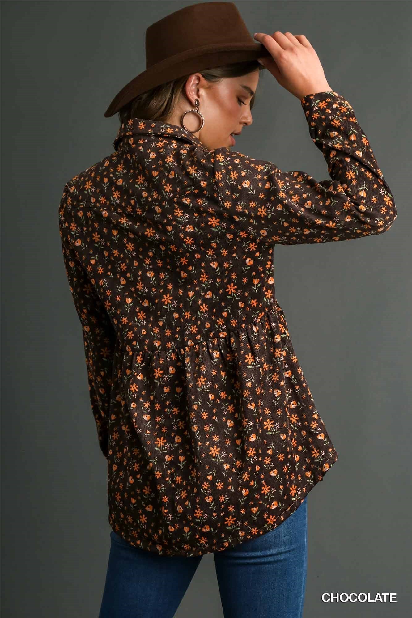 Floral Print Corduroy Button Down Baby Doll Top Chocolate