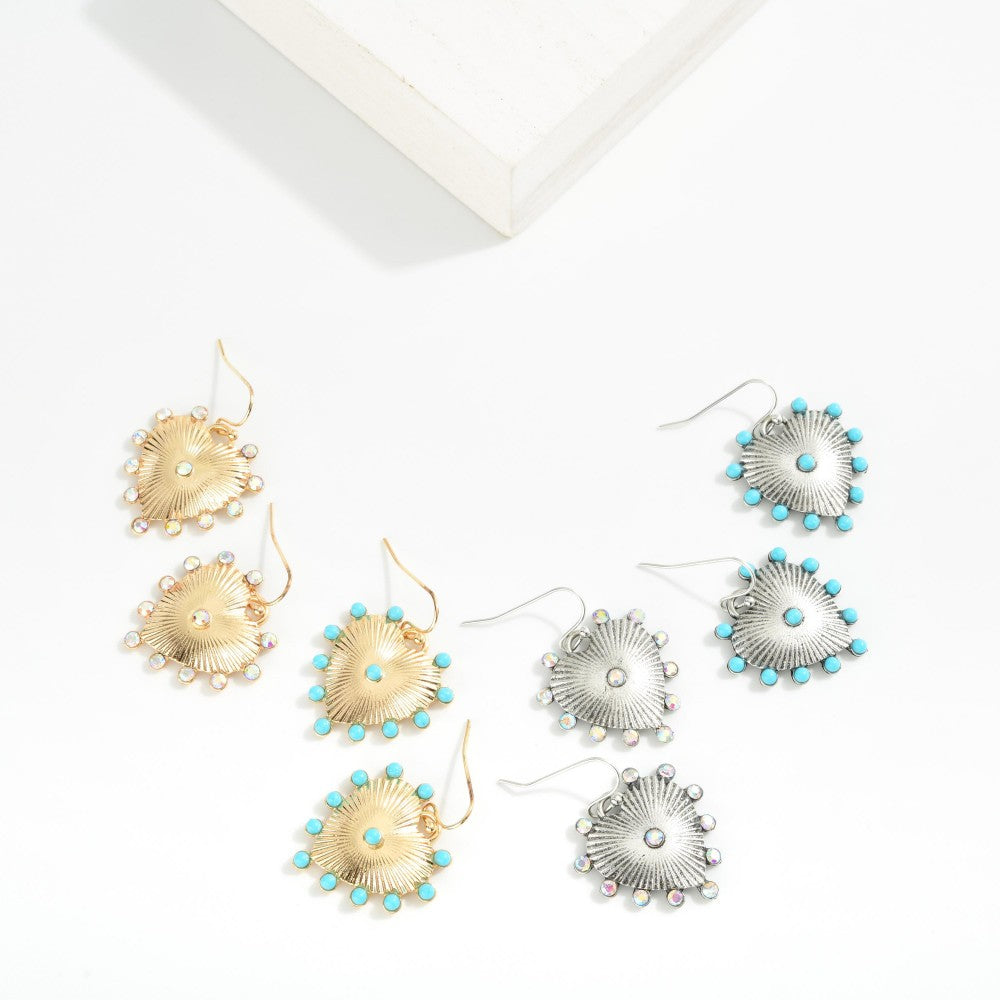 Metal Tone Ribbed Heart Drop Earrings Featuring Studded Rhinestones