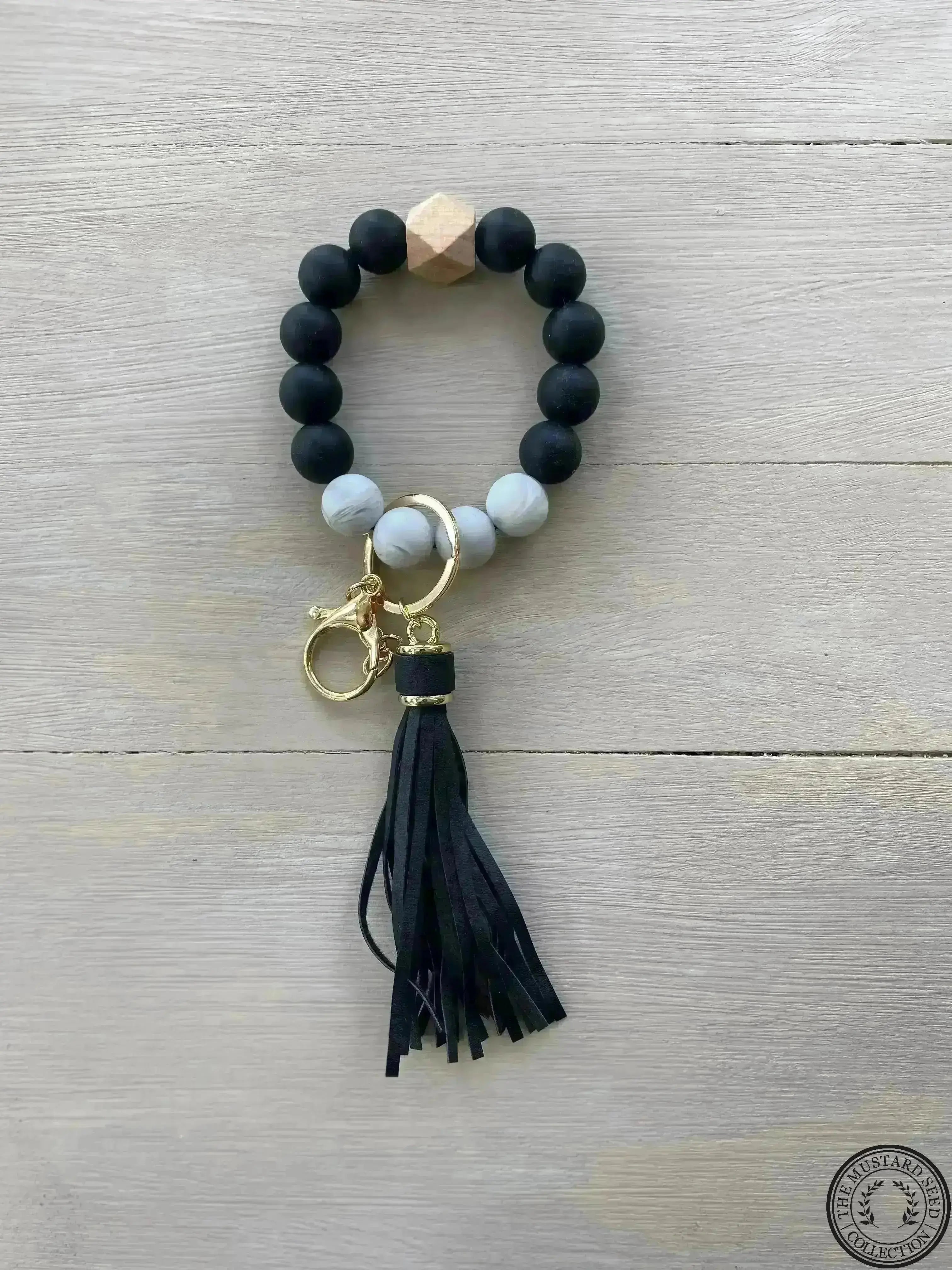 SVF Black and White Grey Marble Silicone Wristlet Beaded Key Chain Bracelet with Tassel and Motivational Engraved Acrylic Charm of choice! The Mustard Seed Collection, The Seed
