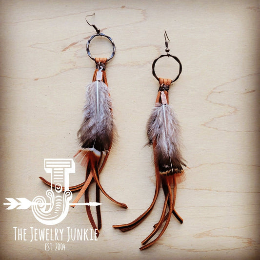 Boho Tan Deer Skin Leather Tassel Earring-Brown Feather: Multi