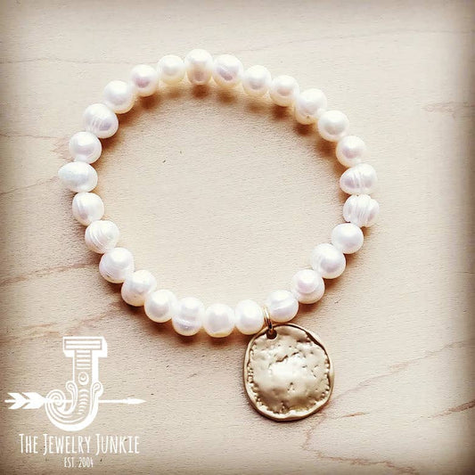 Freshwater Pearl Bracelet with Matte Gold Coin: White