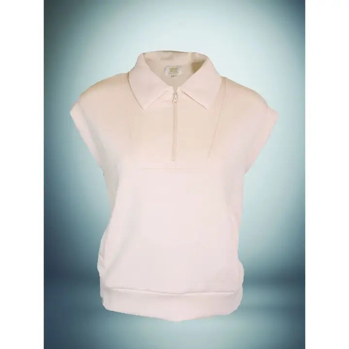 Tess Zip Up Short Sleeve Top Off White