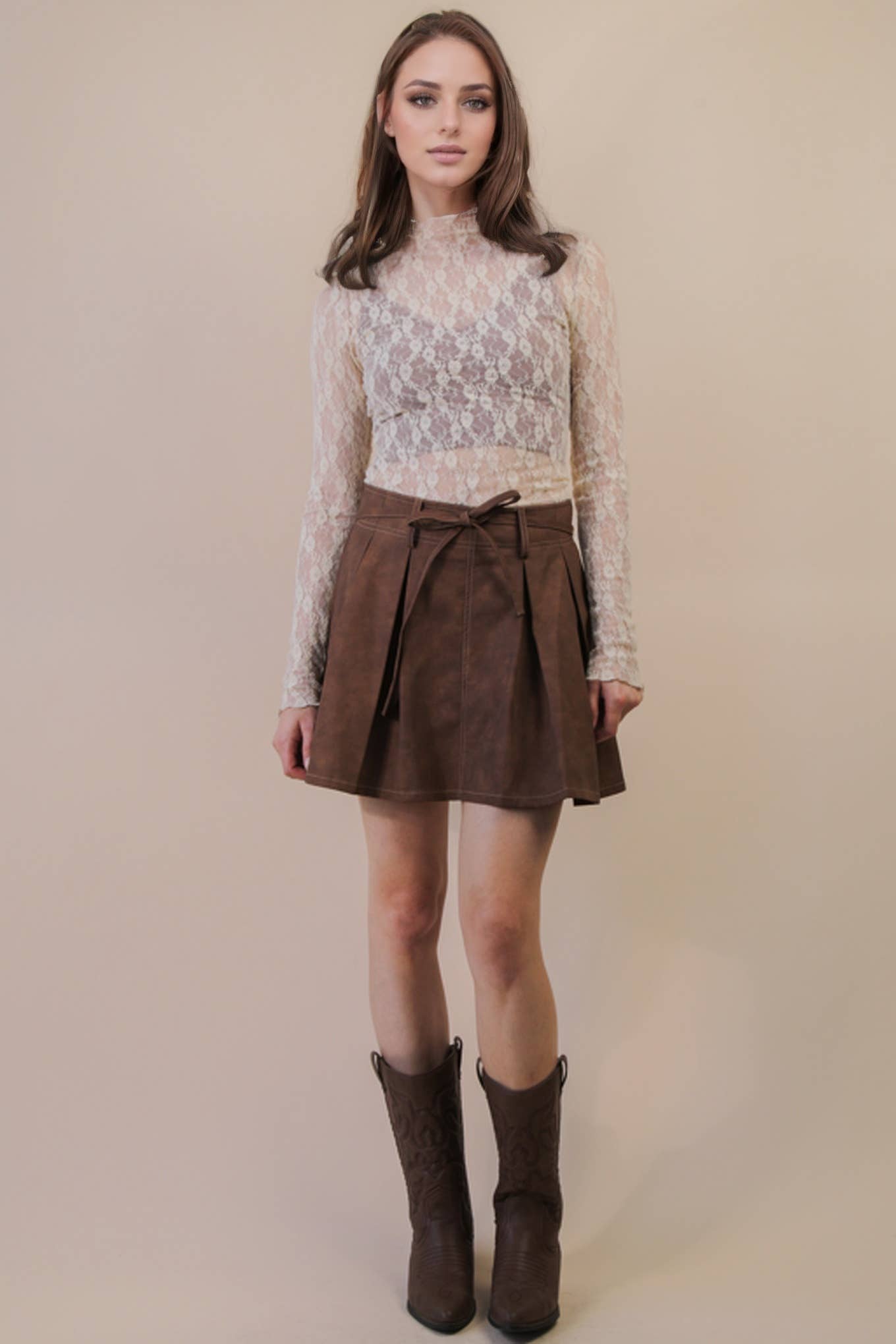 High Neck Fitted Sheer Mesh Lace Knit Top: CHAMPAGNE
