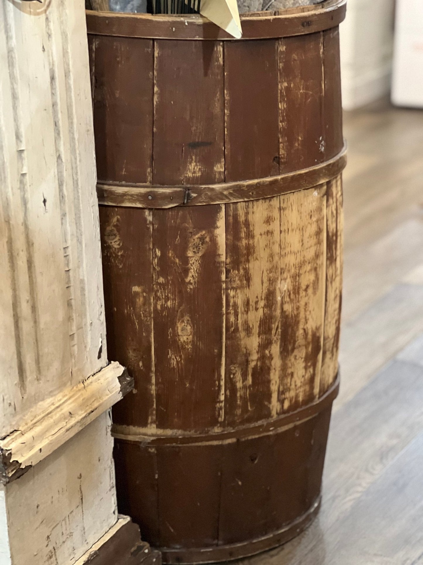 Antique 30" x 17" Primitive Wooden Barrel Stave Storage Tub - The Mustard Seed Collection, The Seed
