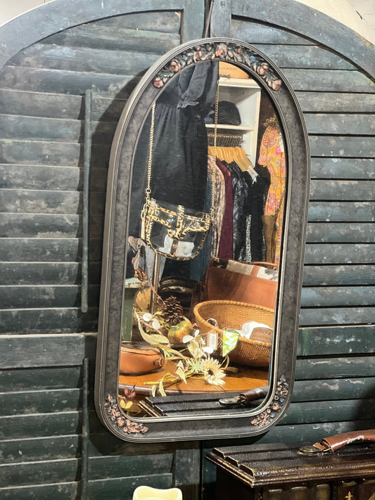 26.25" x 14.25" Antique Arched Wall Mirror – Distressed Pewter & Floral Detail