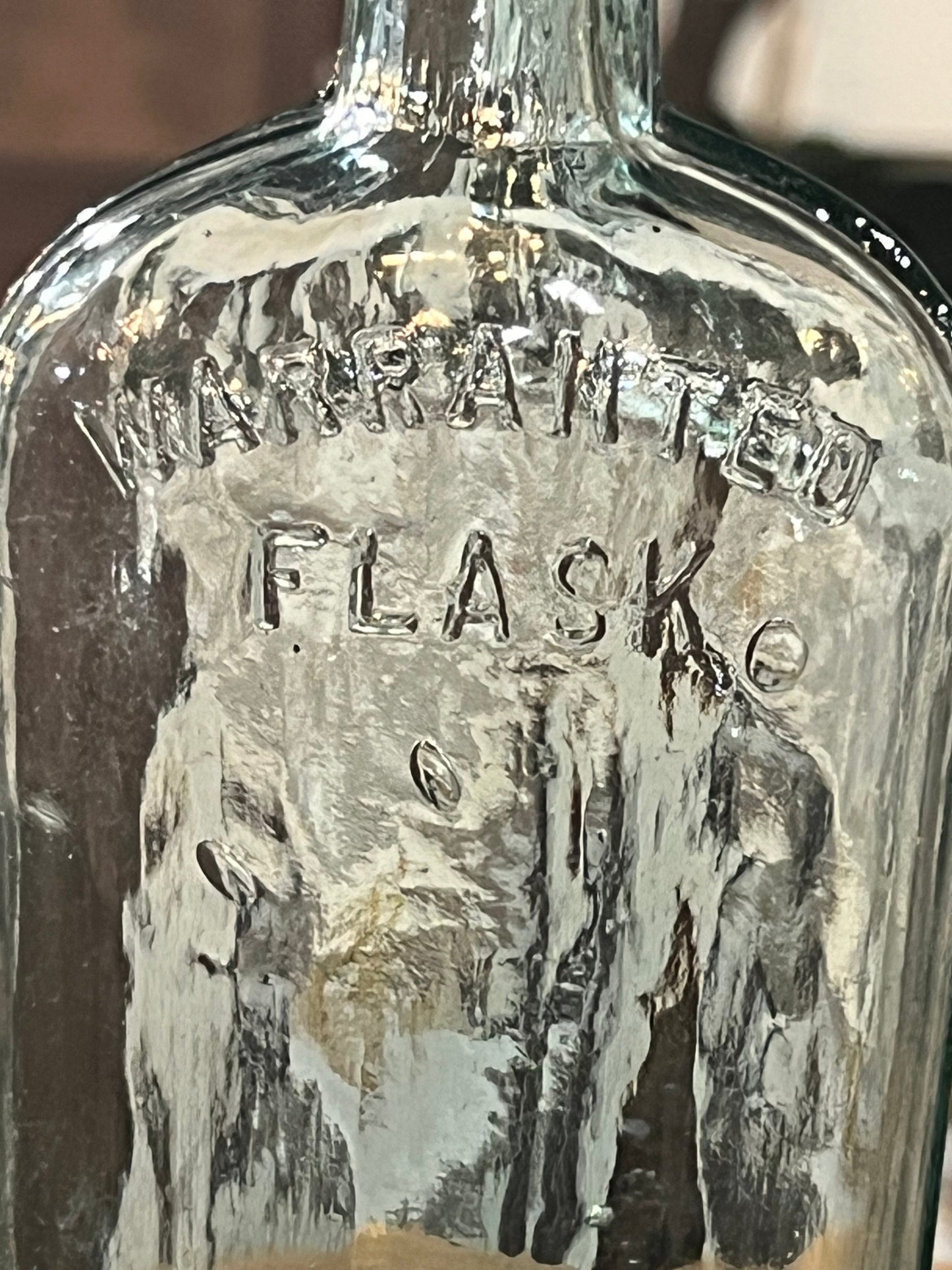Antique Clear Green Glass Flask Bottle Warranted