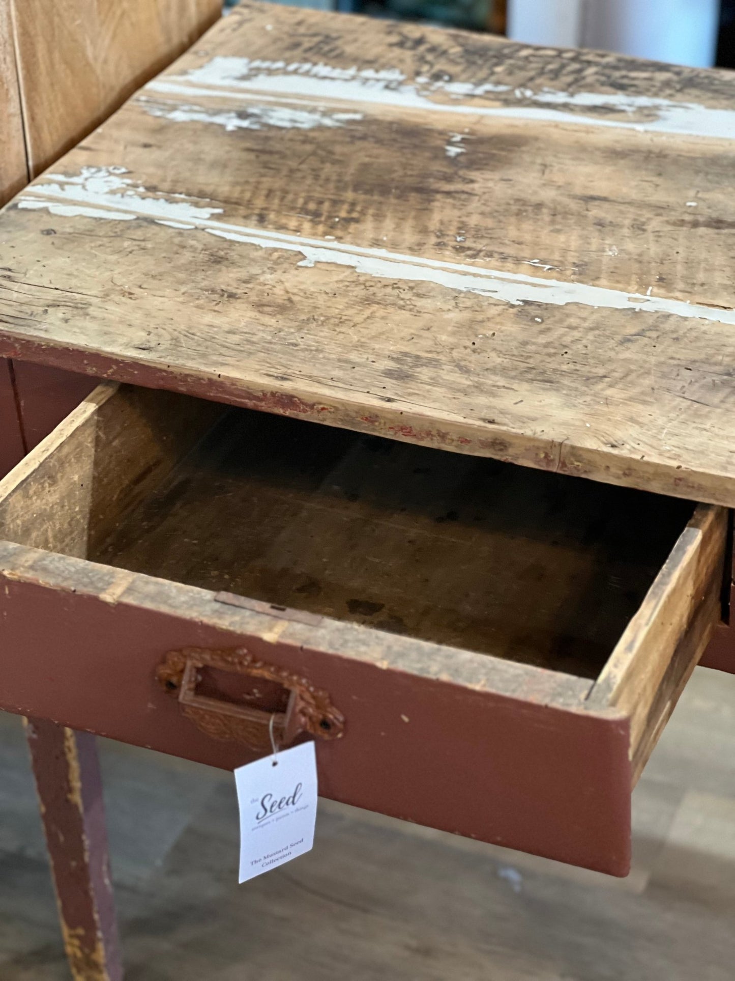 Antique Primitive Desk with Drawer - 30" Rustic Scraped Wood Writing Table - The Mustard Seed Collection, The Seed