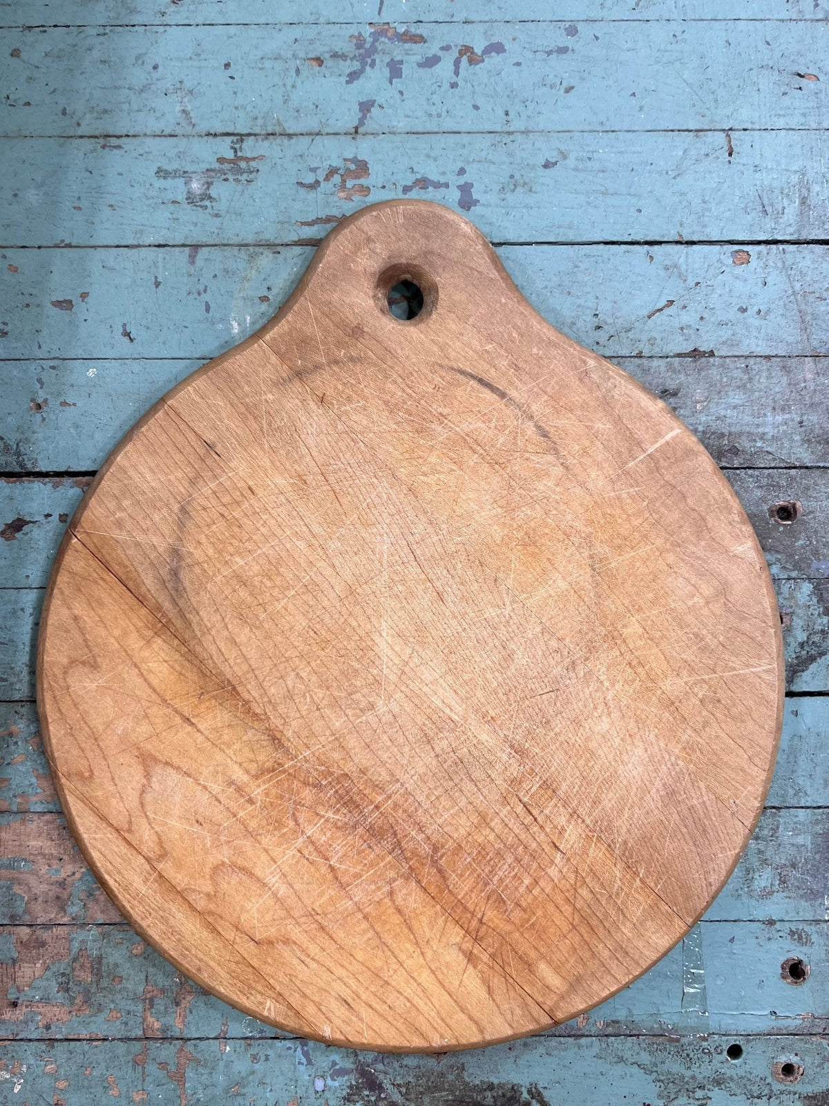 Antique Round Wooden Bread Board with Hanging Tab Handle (11" x 12")cutting board
